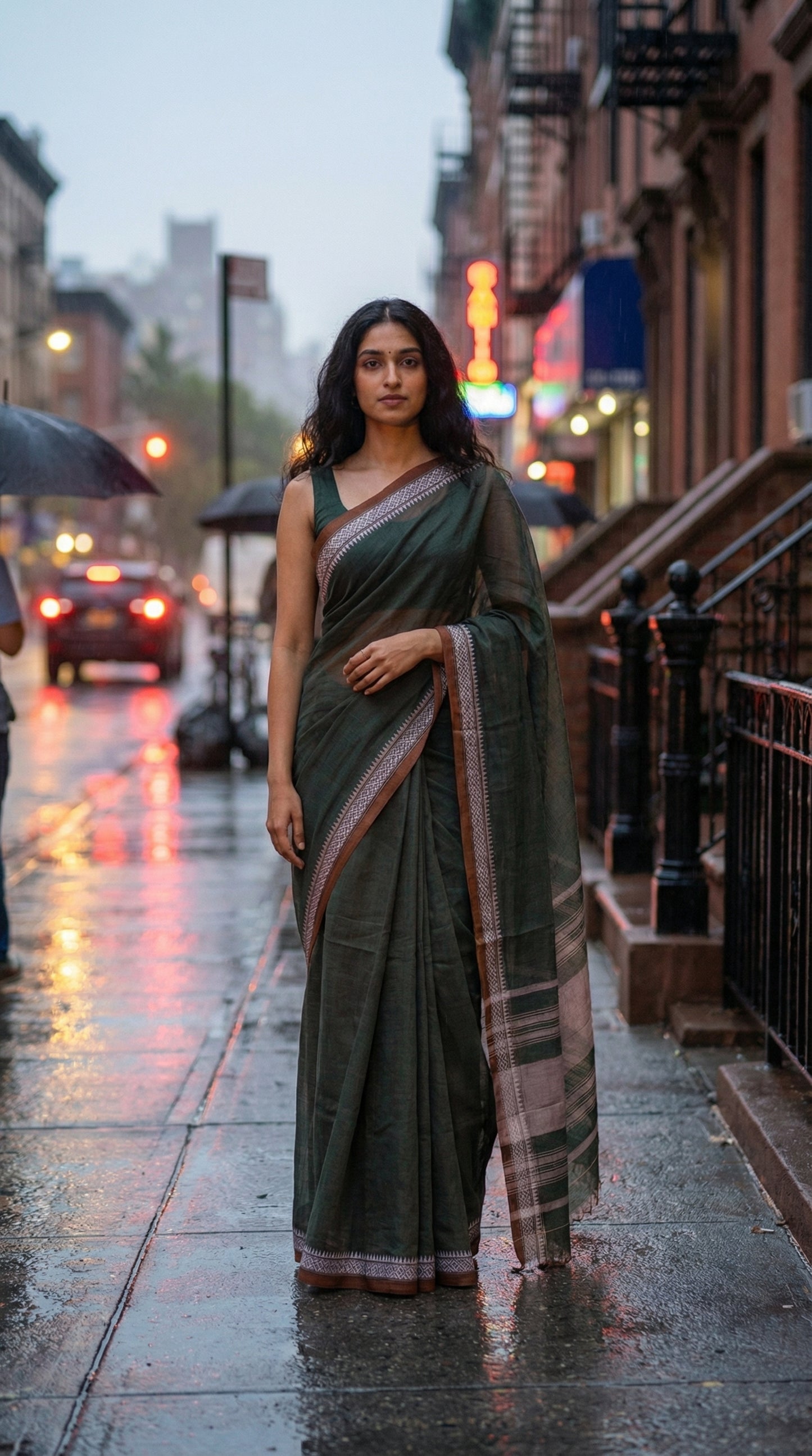 Woman wearing green-mul-cotton-saree, standing on a city street at night.