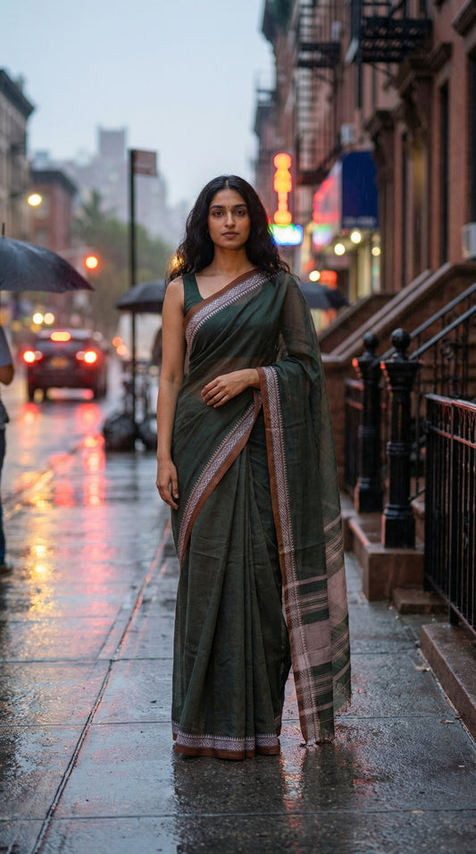 Woman wearing green-mul-cotton-saree, standing on a city street at night.