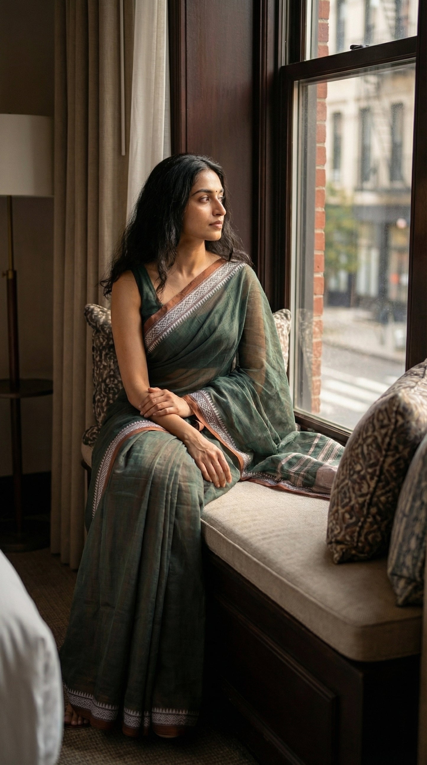 Woman wearing green-mul-cotton-saree, sitting by a window with a cityscape view.