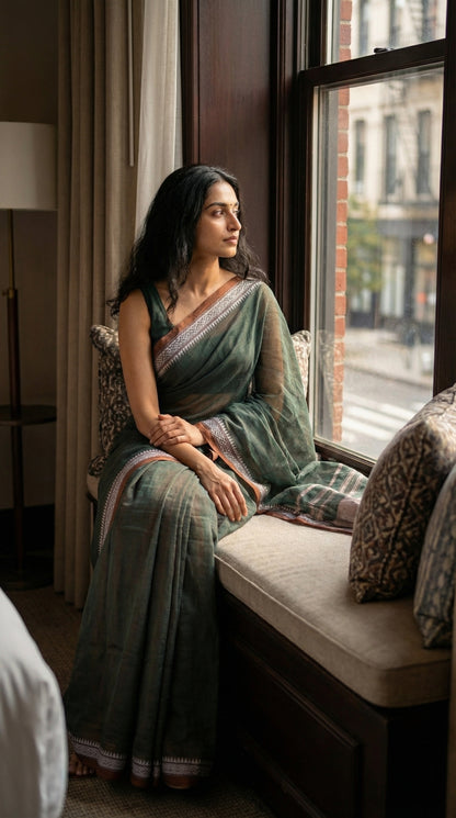 Woman wearing green-mul-cotton-saree, sitting by a window with a cityscape view.