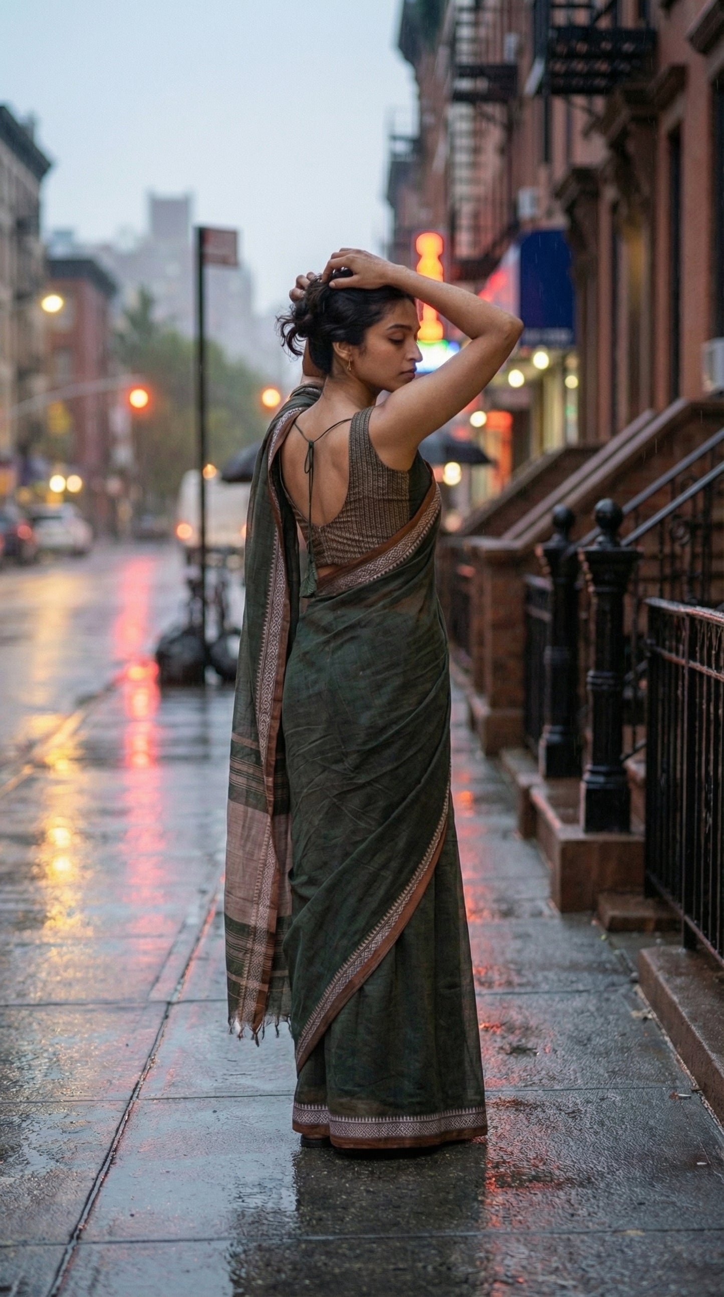 Woman wearing green-mul-cotton-saree, standing on a city street at dusk.