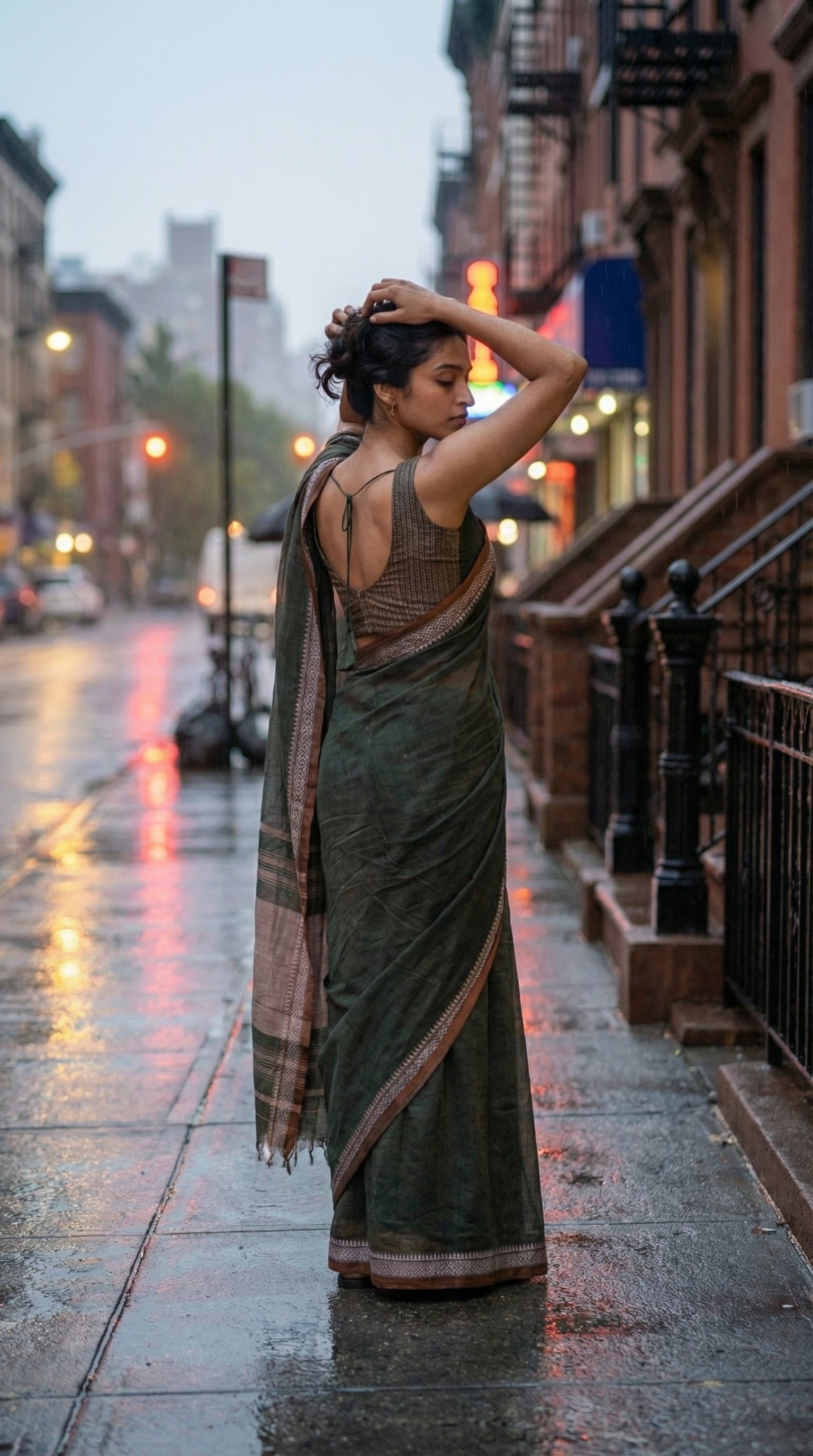 Woman wearing green-mul-cotton-saree, standing on a city street at dusk.
