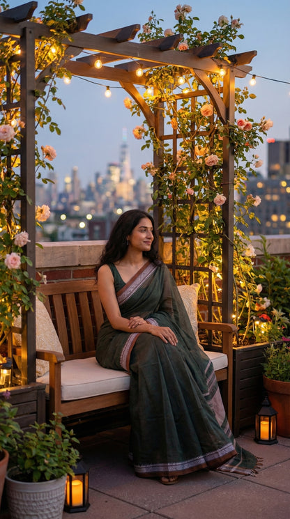 Woman wearing green-mul-cotton-saree, sitting on a wooden bench under a decorative arch with city skyline in the background