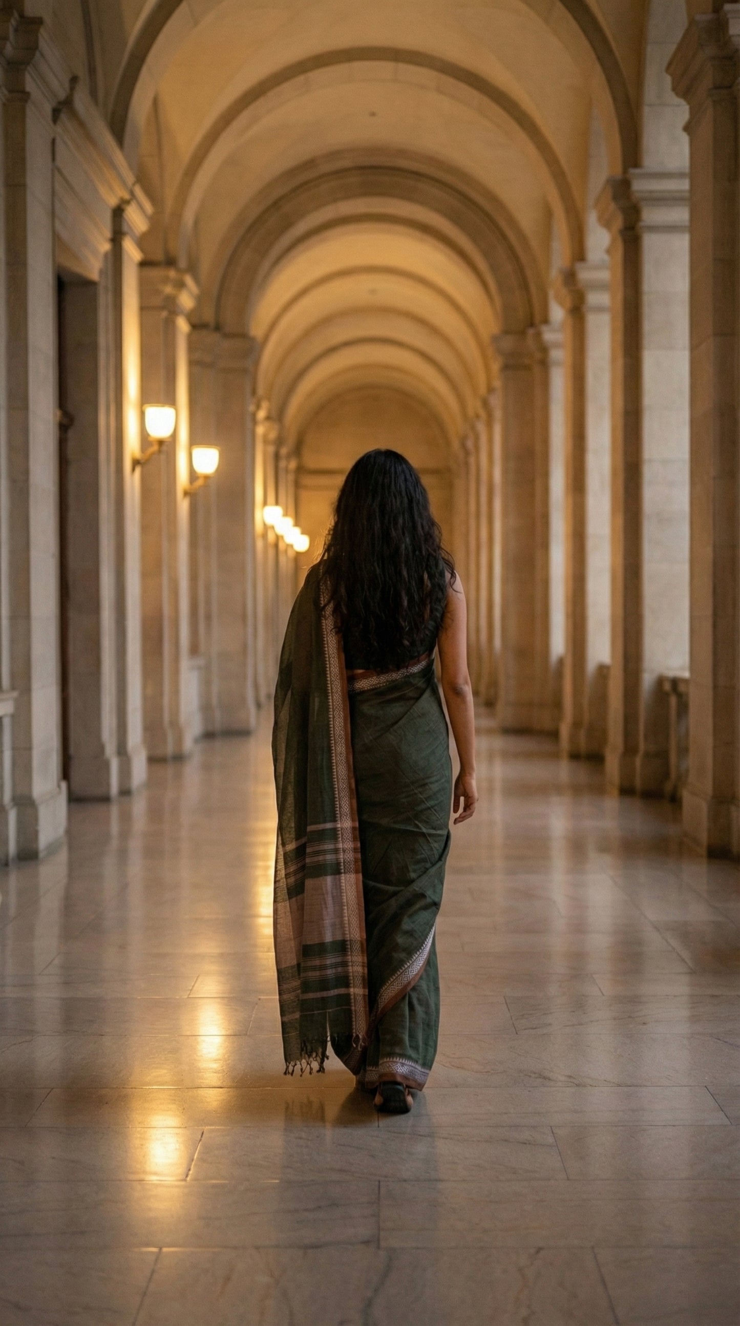 Woman wearing green-mul-cotton-saree, walking through a long, arched hallway with columns