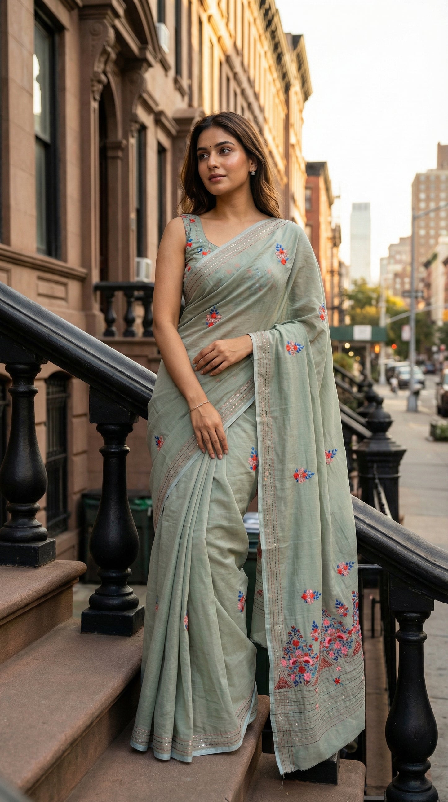 Woman wearing a grey-chanderi-kantha-saree, standing on a city street.