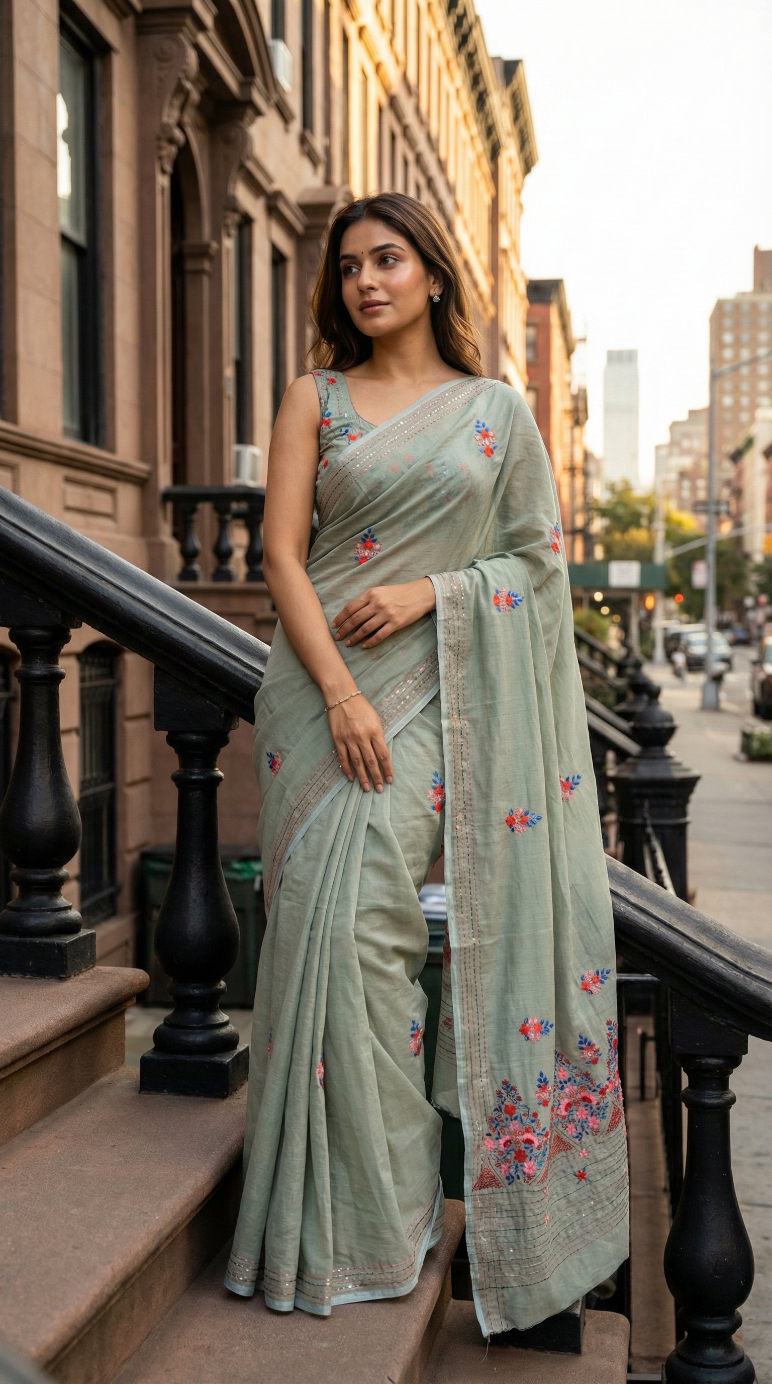 Woman wearing a grey-chanderi-kantha-saree, standing on a city street.