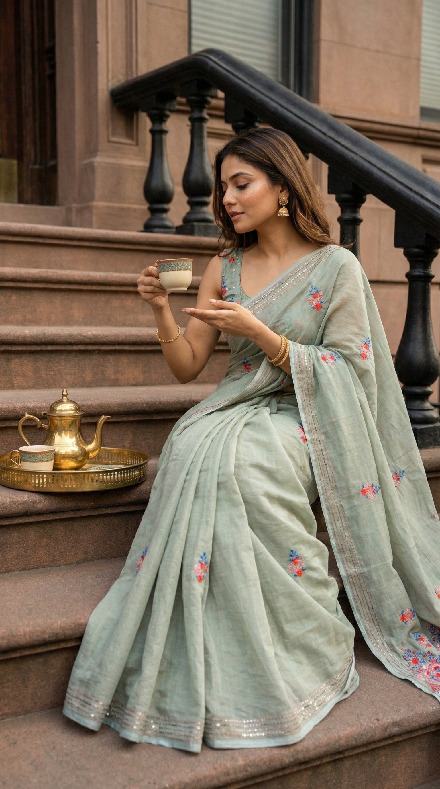 Woman wearing a grey-chanderi-kantha-saree, sitting on steps, holding a cup.