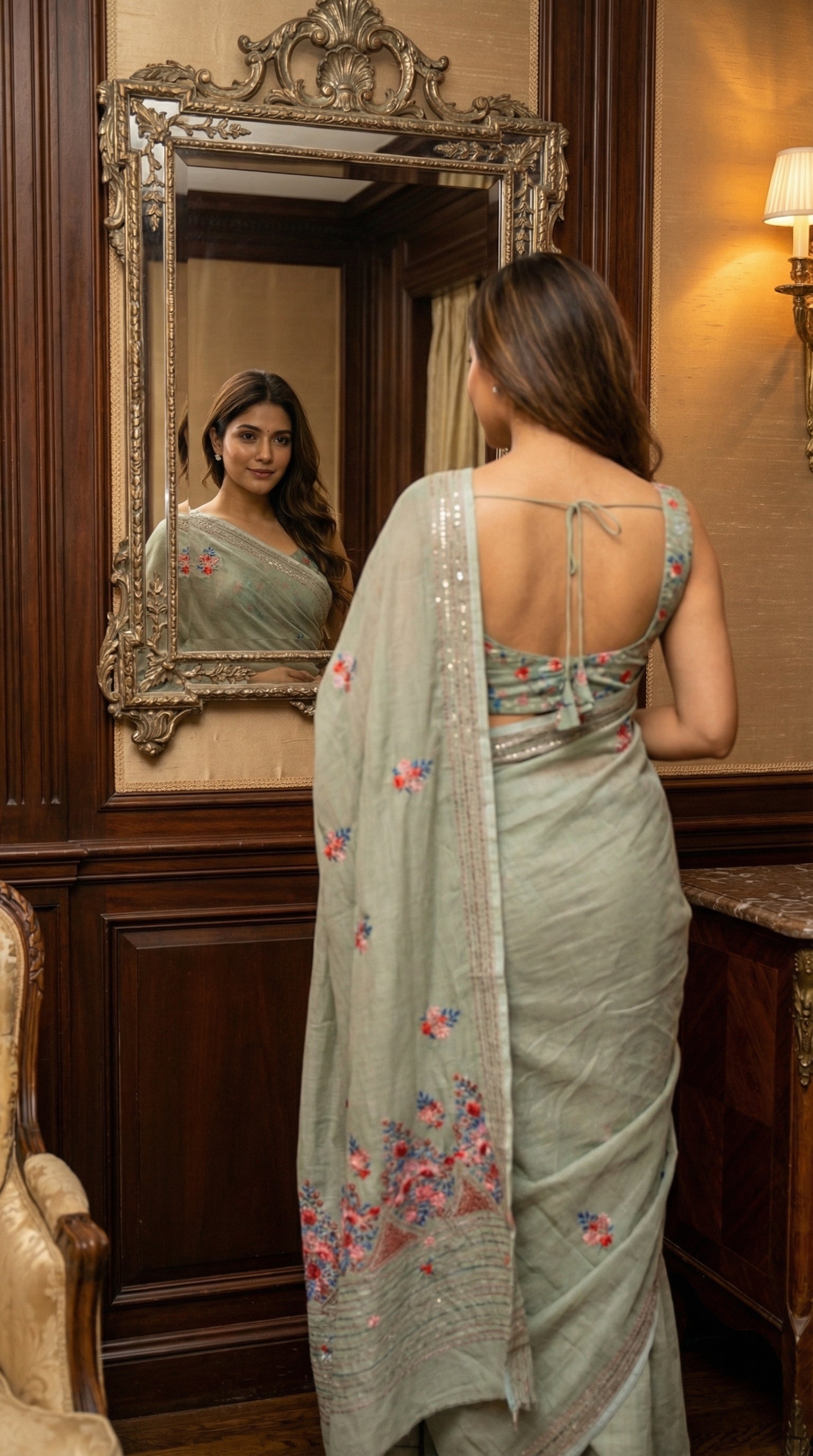Woman wearing a grey-chanderi-kantha-saree, looking at herself in a mirror in an elegant room.