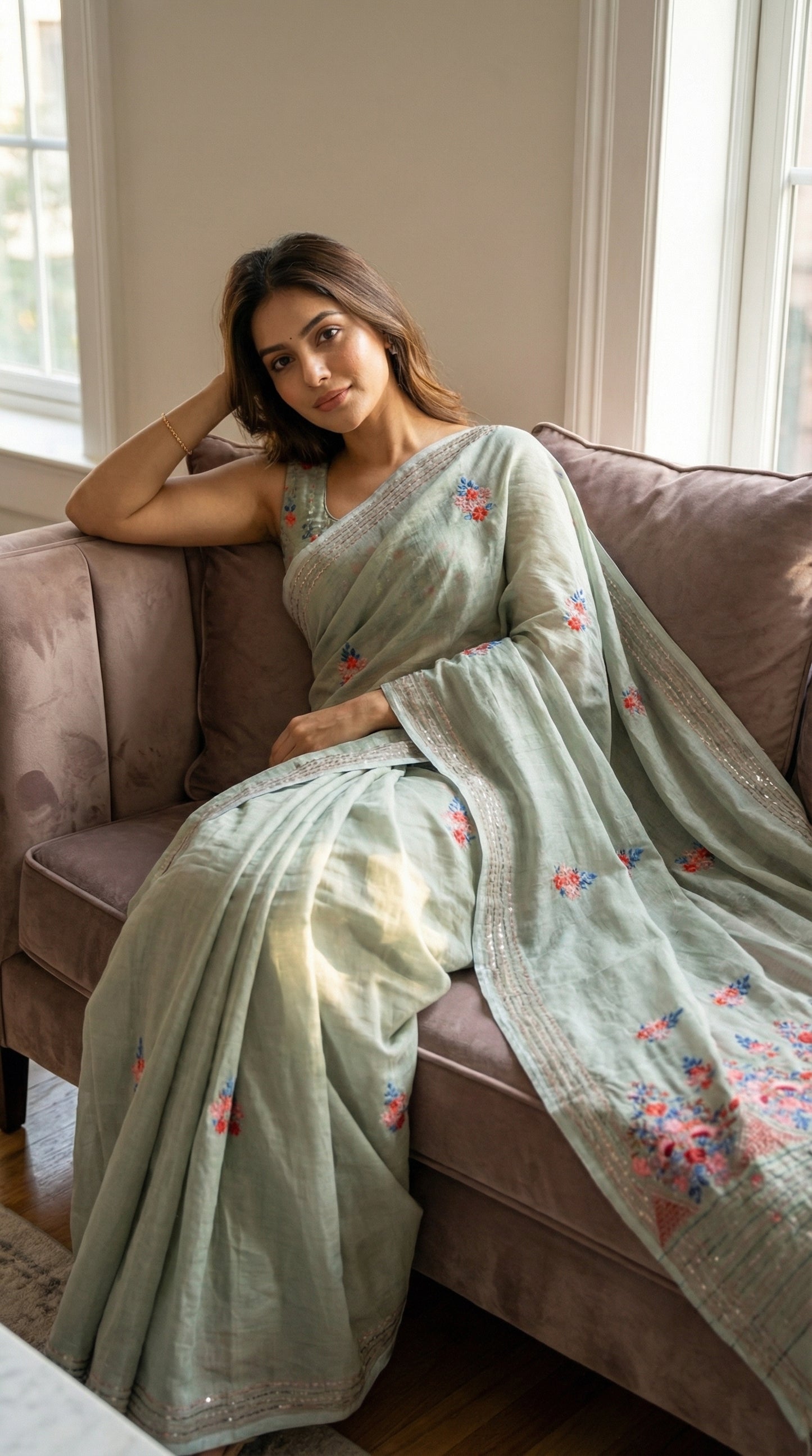Woman wearing a grey-chanderi-kantha-saree, sitting on a couch.