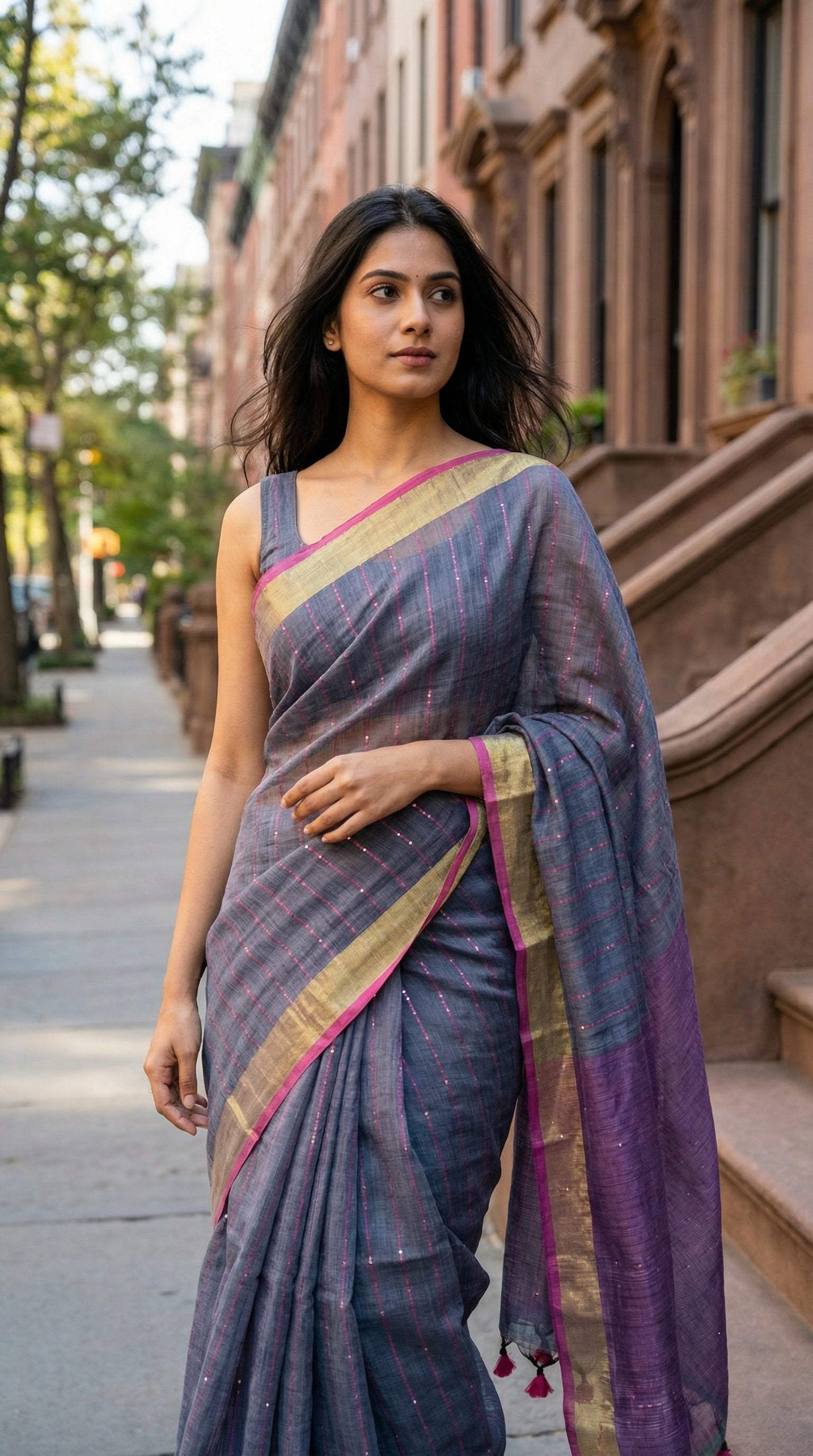 Woman in a grey-cotton-linen-saree, in an urban setting