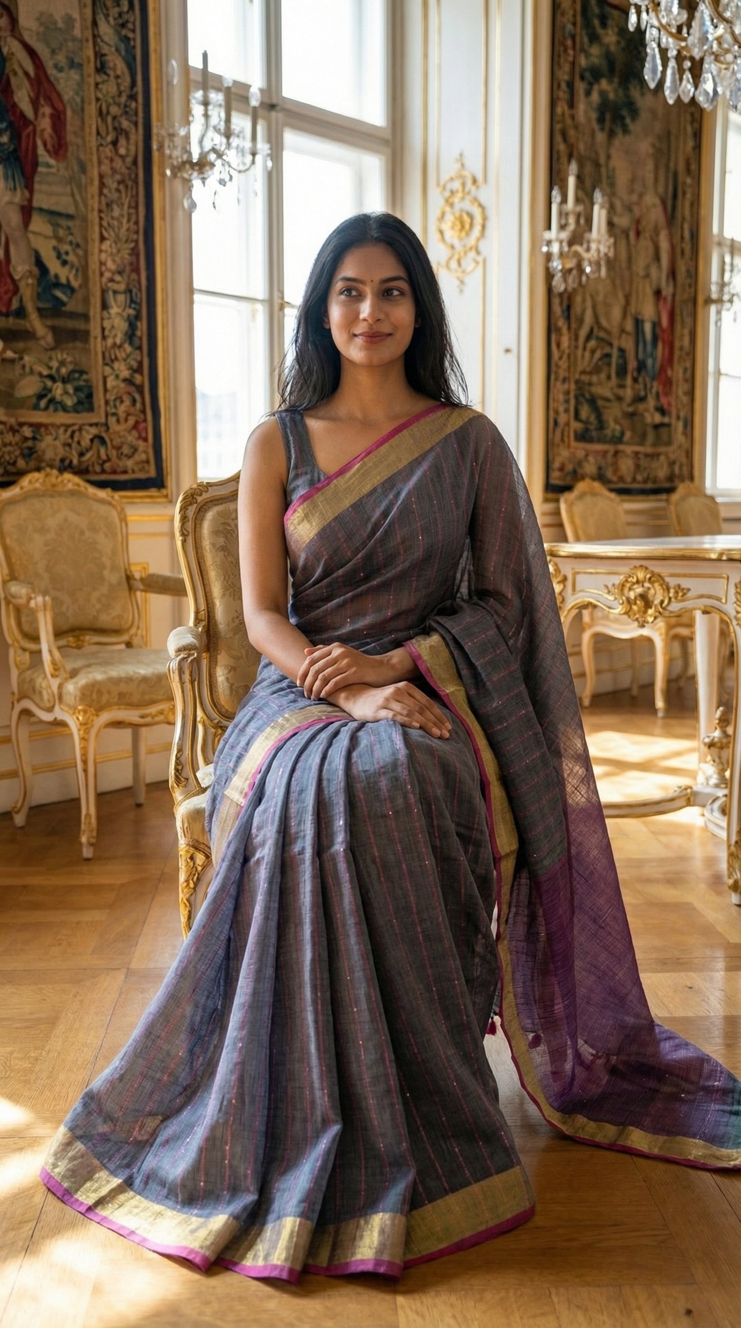 Woman in a traditional saree standing in an elegant room with chandeliers and chairs.