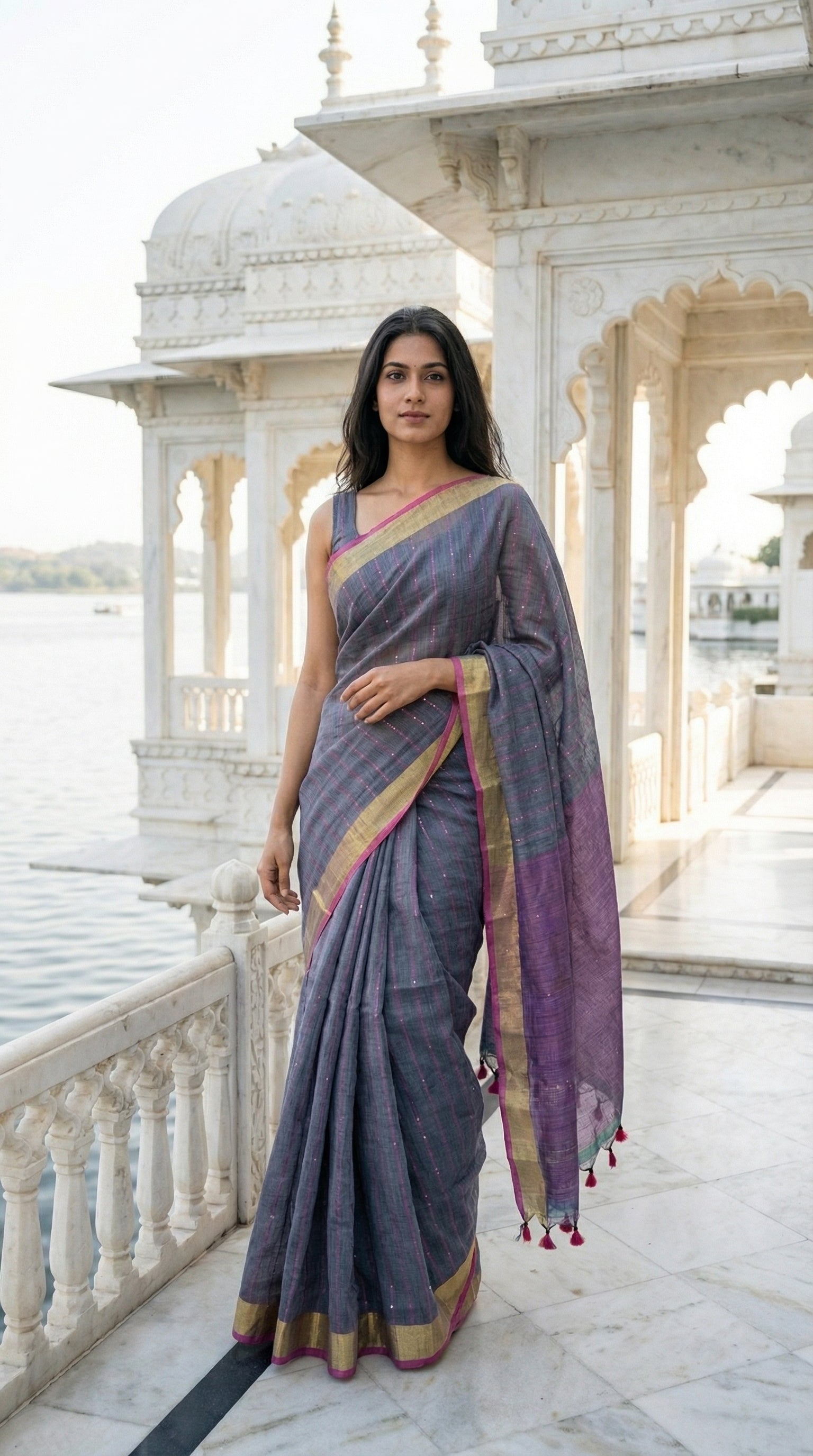 Woman in a grey-cotton-linen-saree, standing on a marble balcony with architectural background