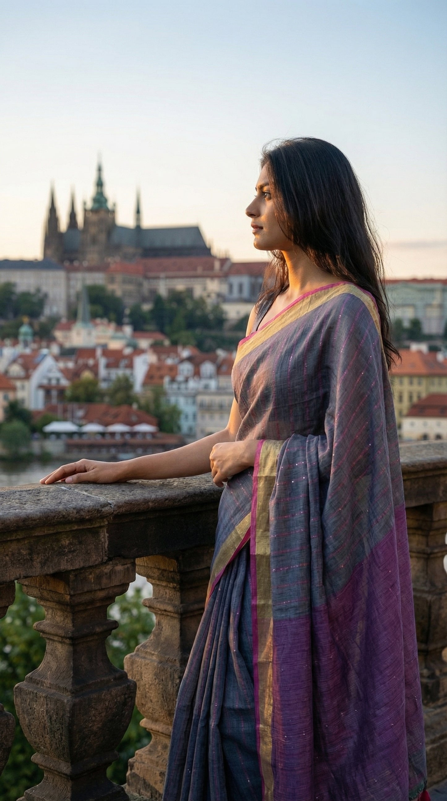 Woman in a grey-cotton-linen-saree, standing on a balcony with a cityscape in the background