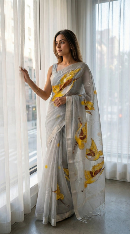 Woman in a grey-kota-doria-crane-saree, standing by a window.