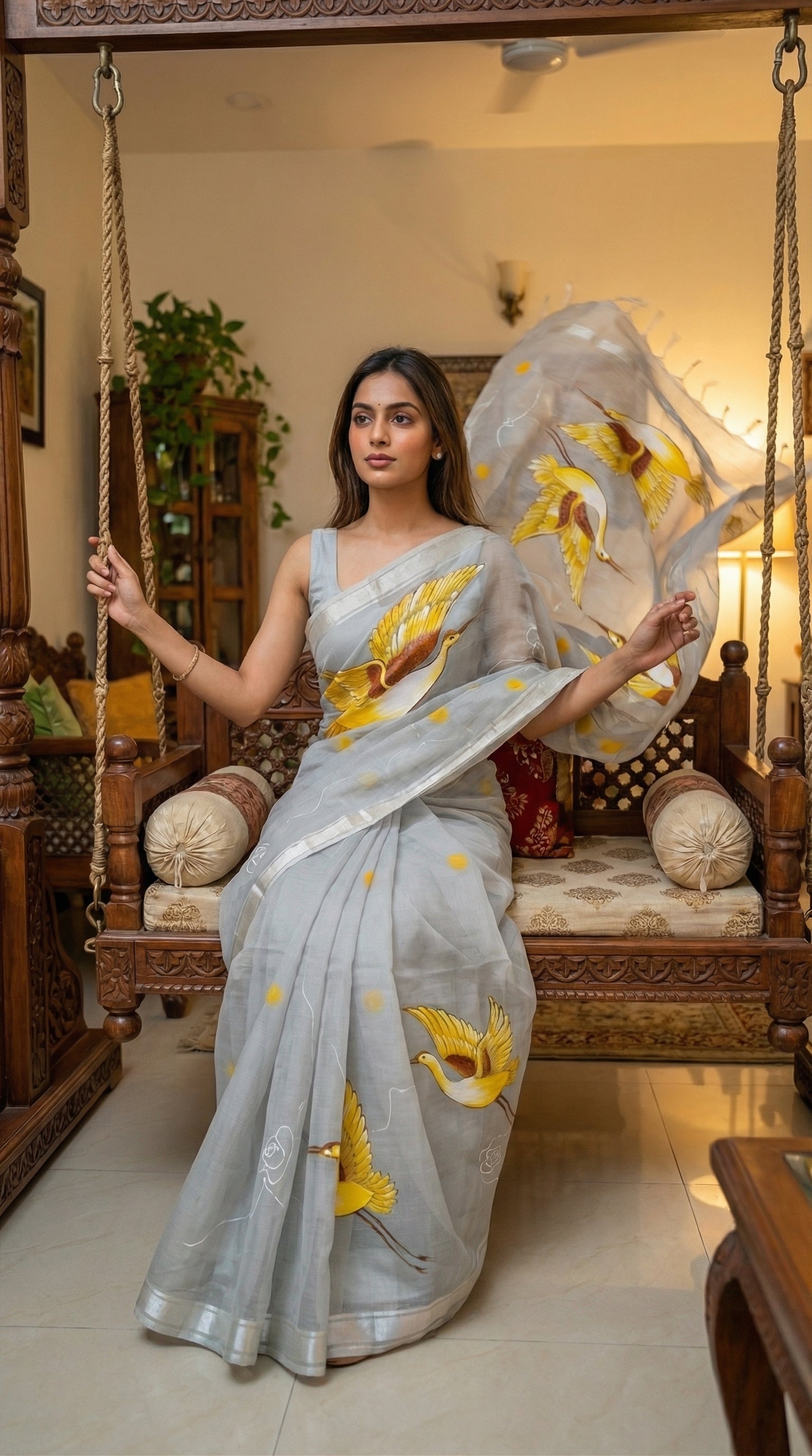 Woman in a grey-kota-doria-crane-saree, sitting on a wooden swing.