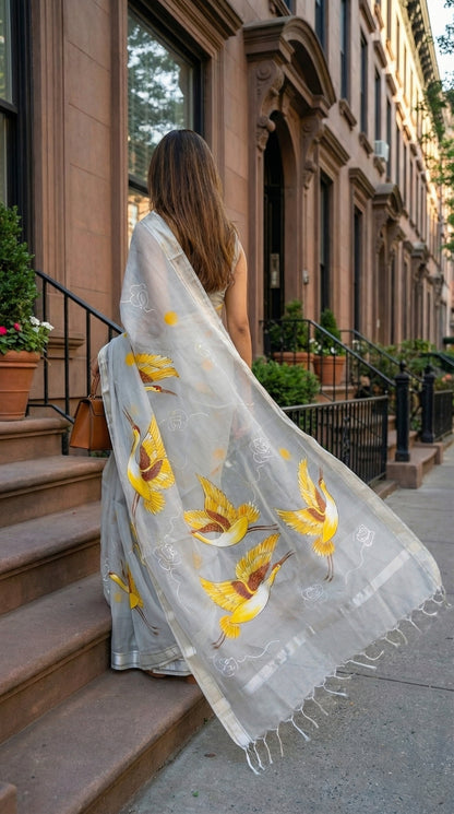Woman walking down a street wearing a grey-kota-doria-crane-saree.