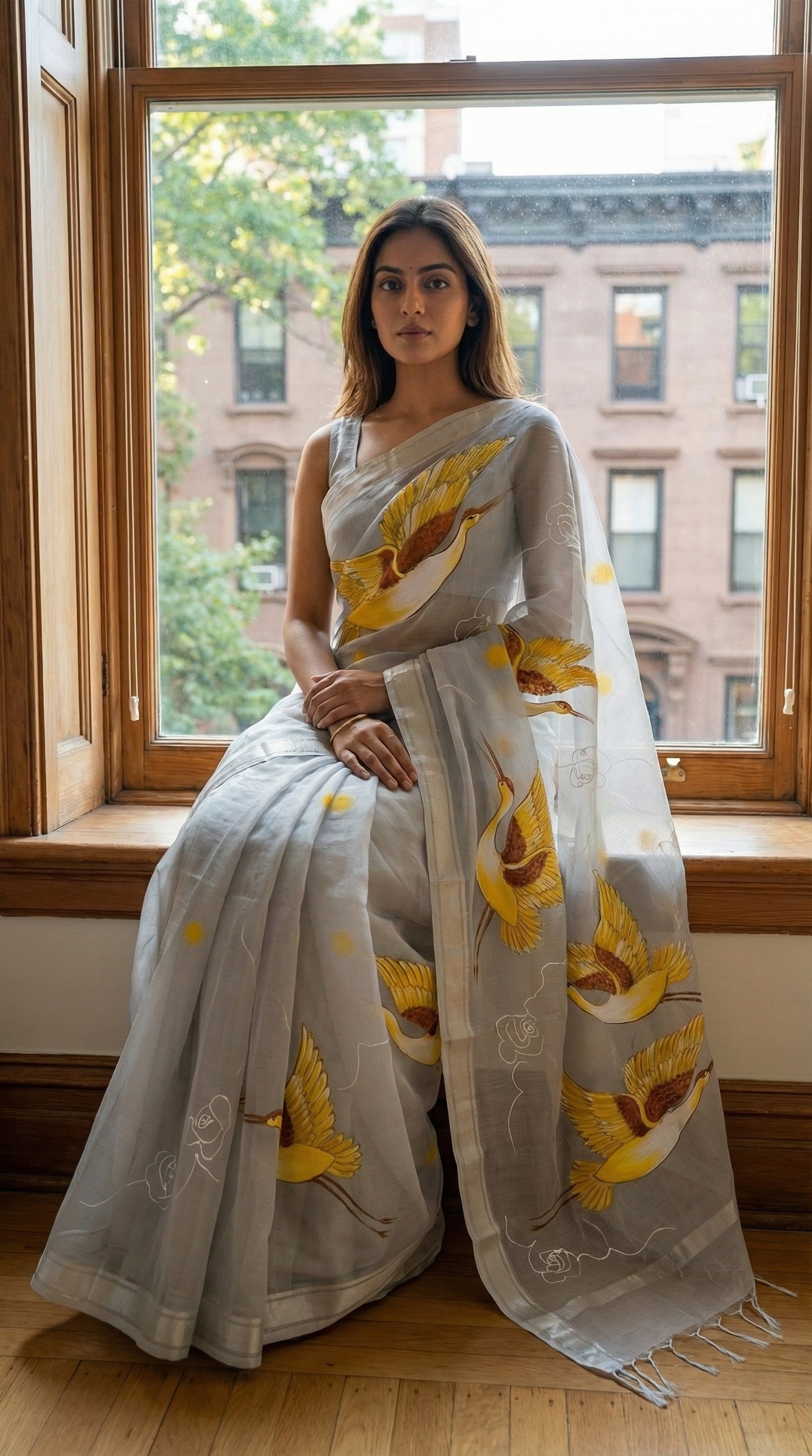 Woman in a grey-kota-doria-crane-saree, sitting by a window.