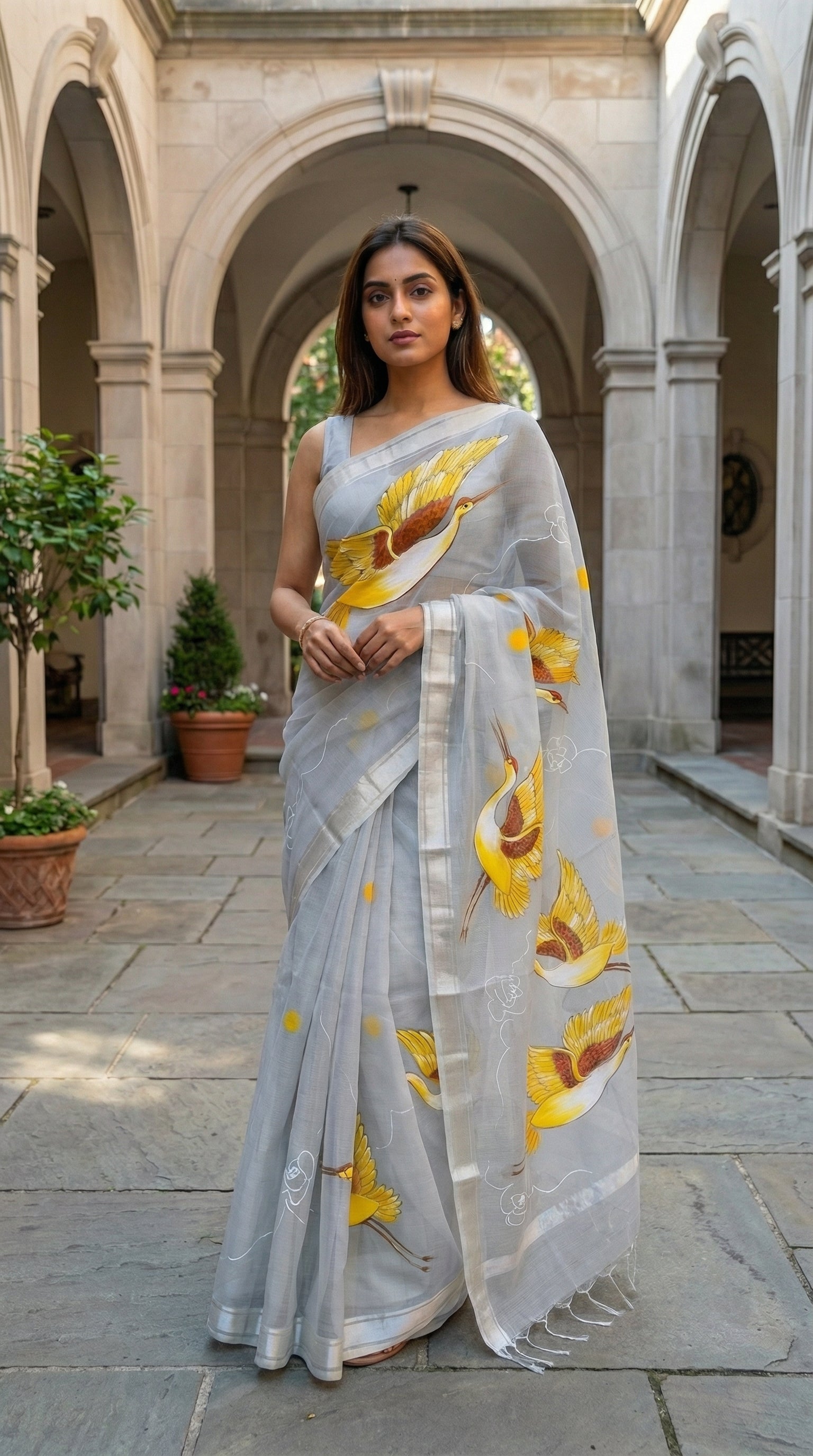 Woman in a grey-kota-doria-crane-saree, standing in an outdoor setting with arches and plants.