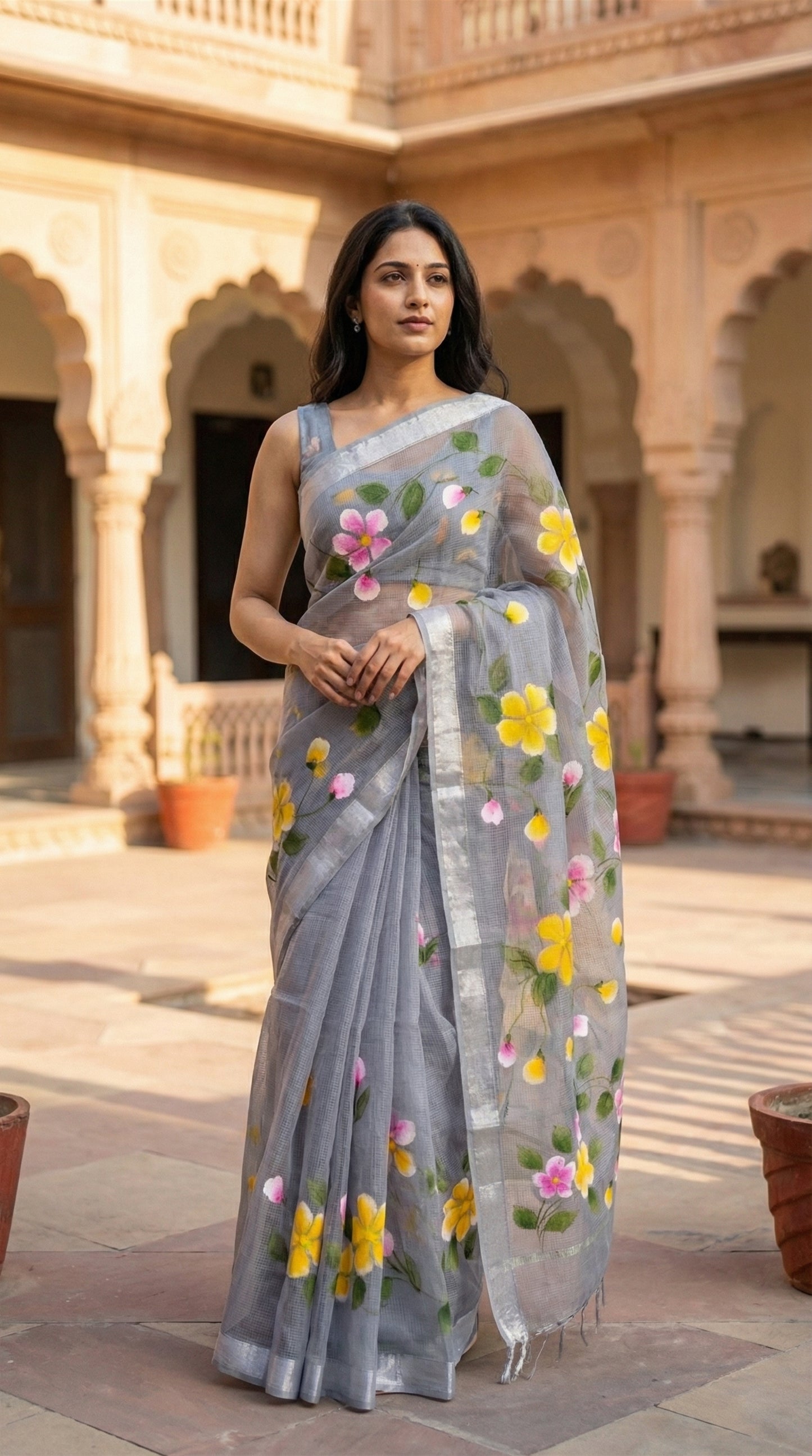 Woman wearing a grey-kota-doria-floral-hand-painted-saree, in an outdoor setting with architectural elements.