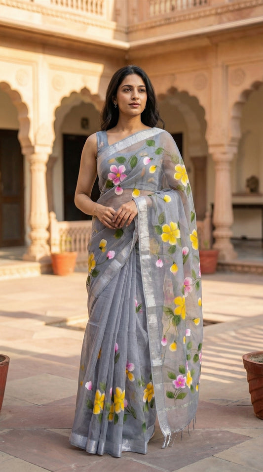 Woman wearing a grey-kota-doria-floral-hand-painted-saree, in an outdoor setting with architectural elements.