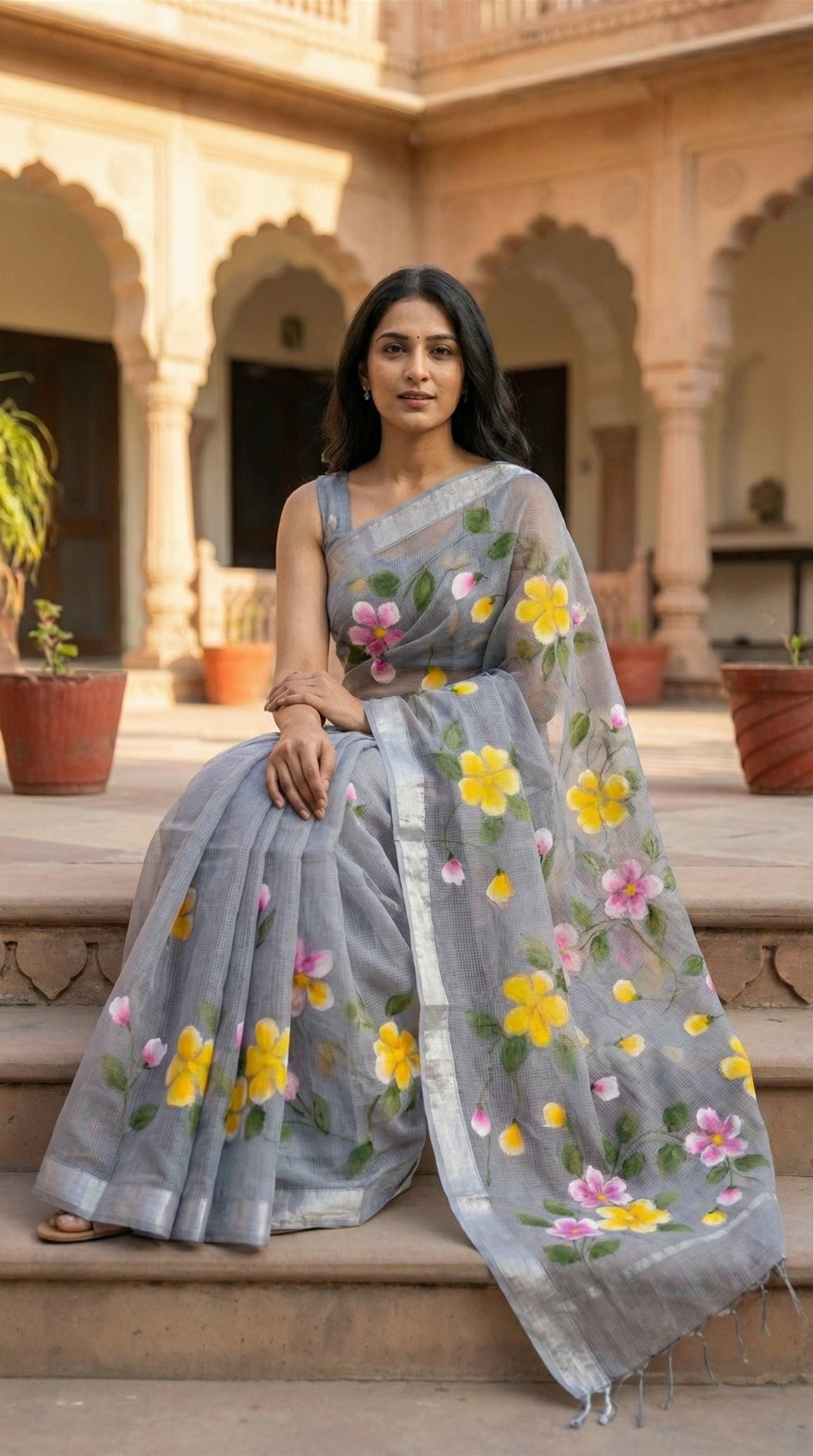 Woman wearing a grey-kota-doria-floral-hand-painted-saree, sitting on steps in an outdoor setting