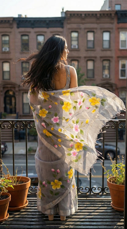 Woman wearing a grey-kota-doria-floral-hand-painted-saree, standing on a balcony, looking out over a city street.