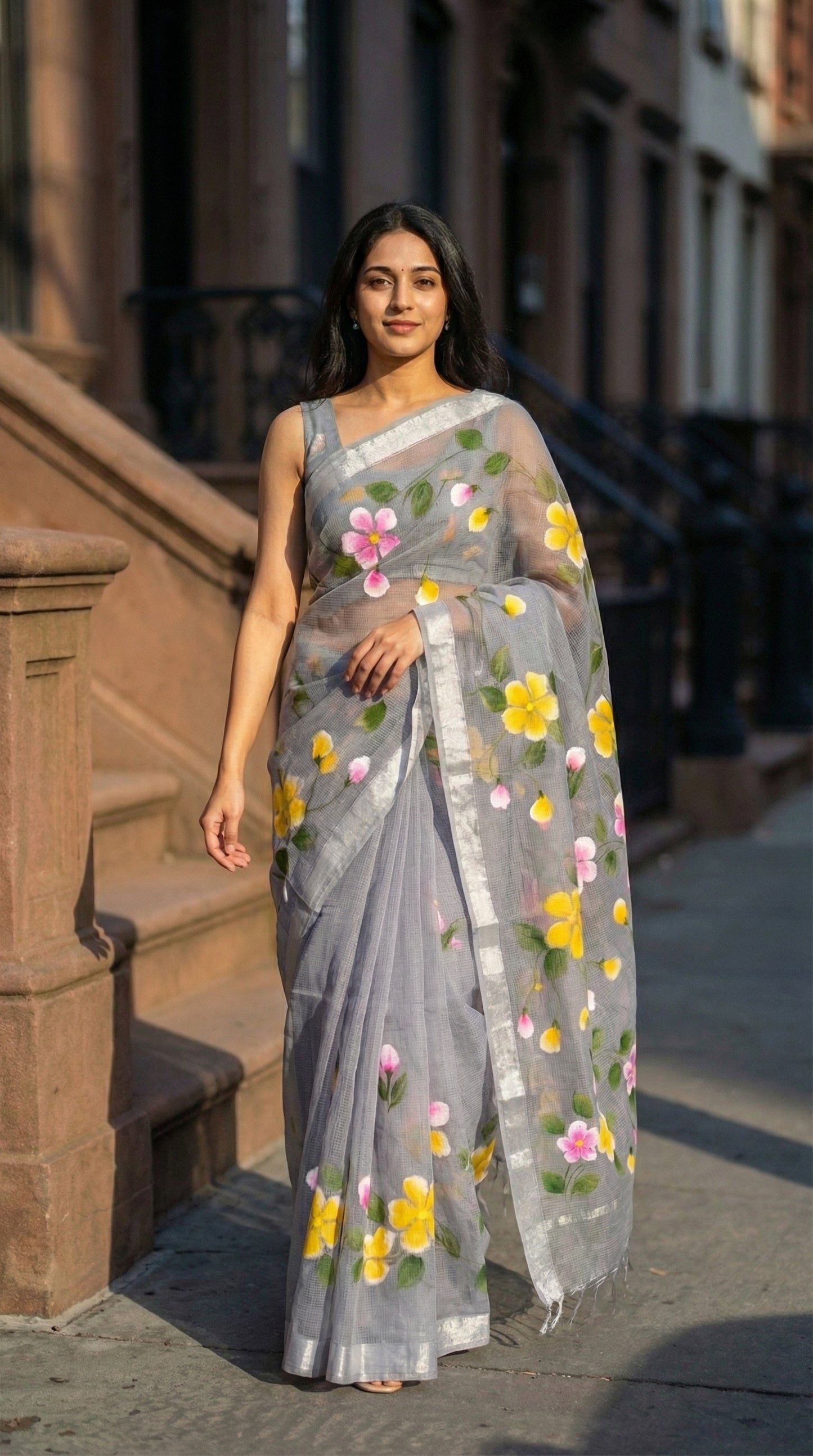 Woman wearing a grey-kota-doria-floral-hand-painted-saree, standing on a street.