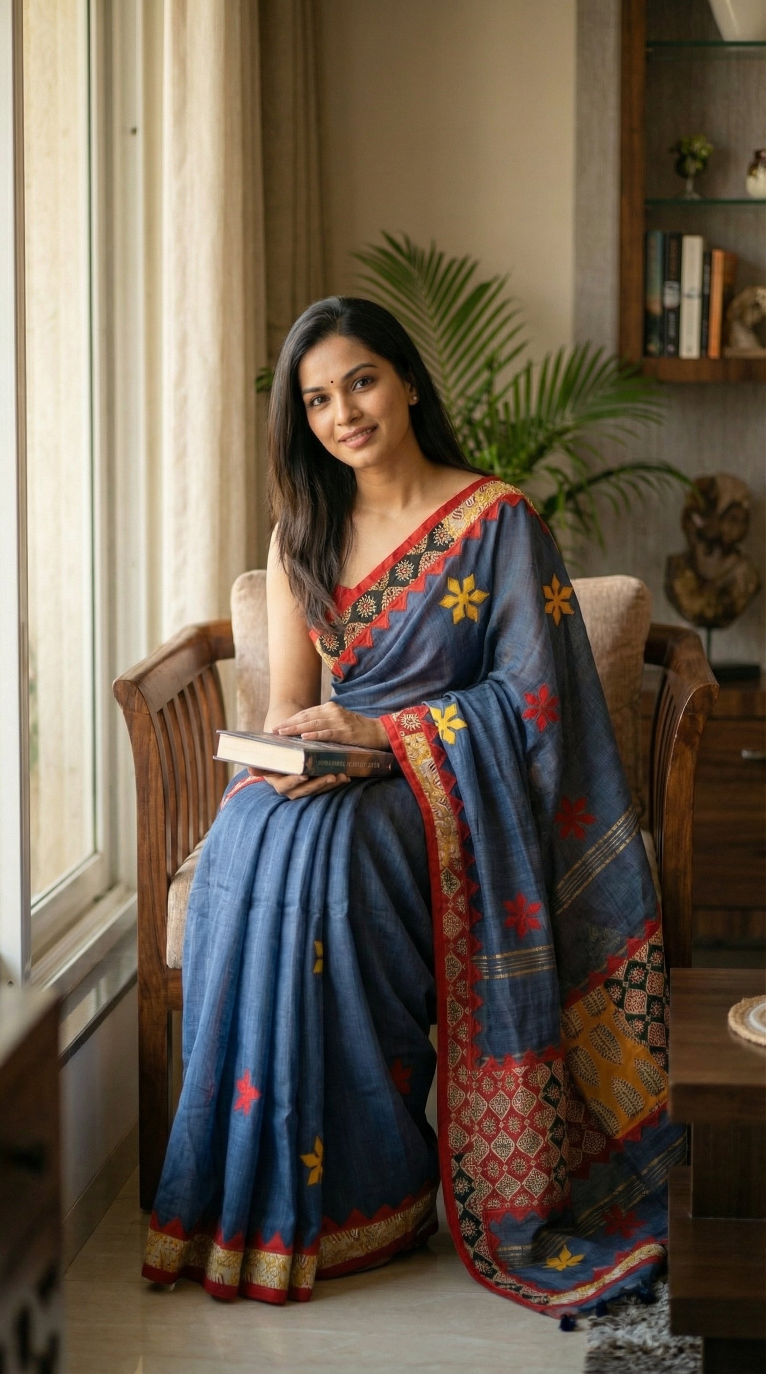 Woman in a grey linen cotton saree with traditional applique border, sitting indoors.