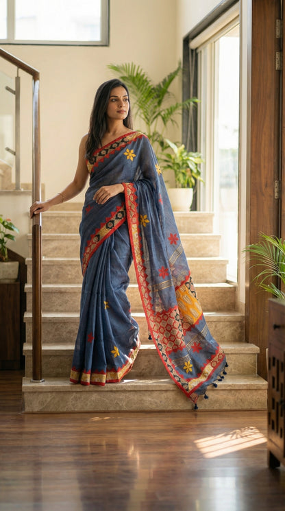 Woman in a grey linen cotton saree with traditional applique border, standing on a staircase.