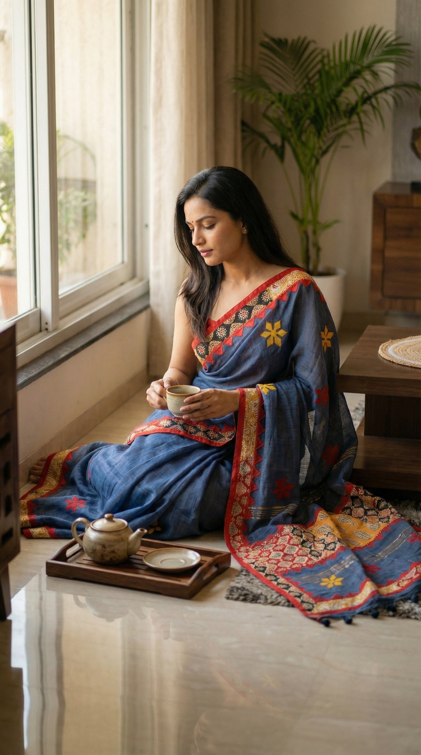Woman in a grey linen cotton saree with traditional applique border, sitting by a window, holding a teacup.
