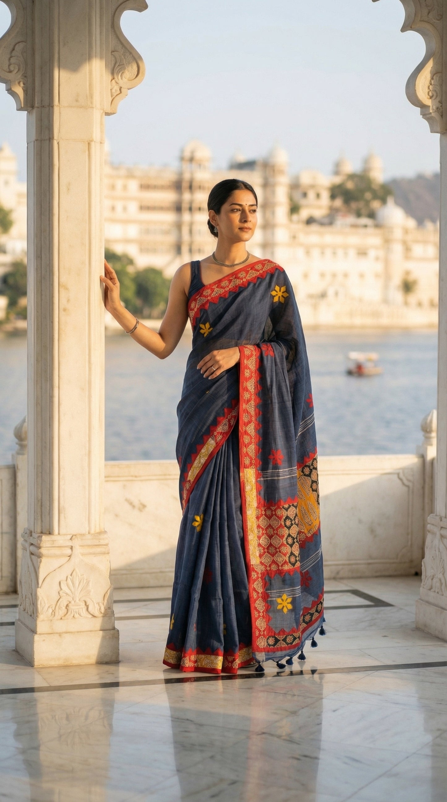 Woman in a grey linen cotton saree with handcrafted applique border, standing by a waterfront with architectural columns in the background.
