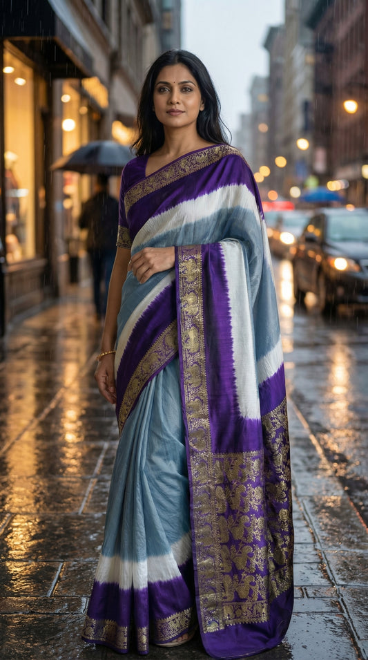 Woman wearing grey modal silk saree with purple Zari border, on a city street with blurred background.