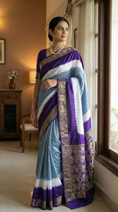 Woman wearing grey modal silk saree with purple Zari border, with a blue and purple pattern in a room.