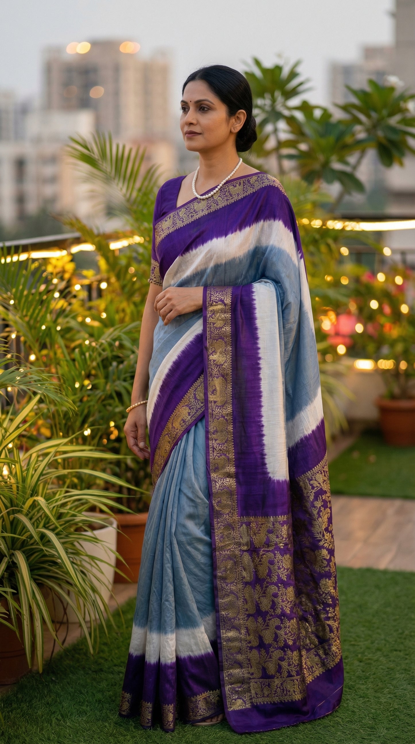 Woman wearing grey modal silk saree with purple Zari border, on a rooftop with plants and buildings in the background