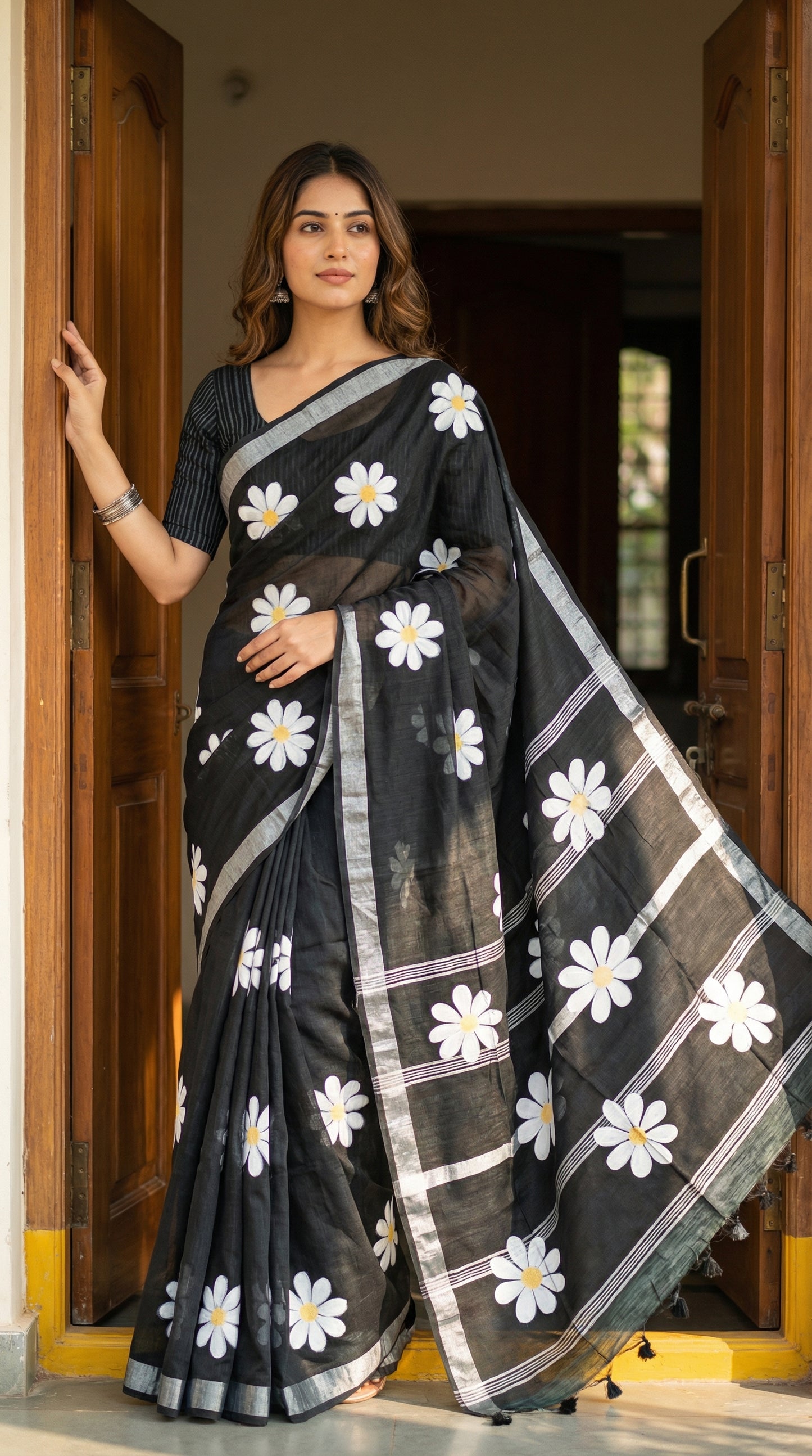 Woman wearing black cotton saree with bold white sunflower motifs and yellow centers, standing at the entrance of her house.