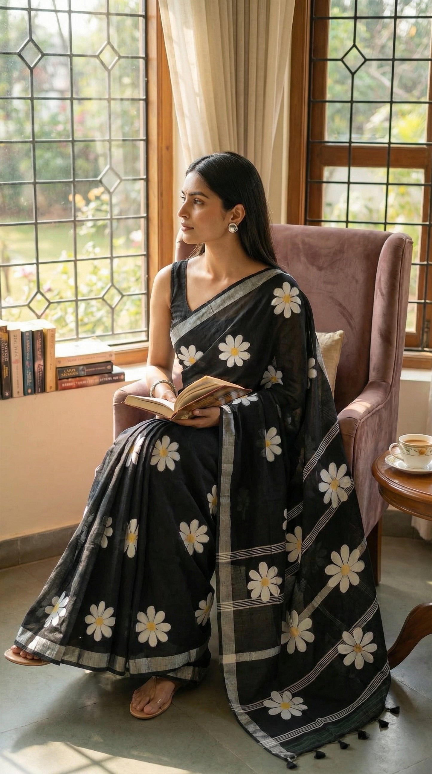 Woman wearing black cotton saree with bold white sunflower motifs and yellow centers, sitting in a chair by a window, reading a book.