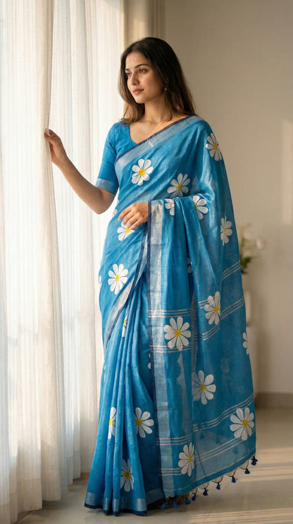 Woman wearing blue cotton saree with white and yellow sunflower motifs, hand-painted artisan saree for cultural occasions. Standing beside a tall window with sheer curtains, one hand gently holding the curtain edge; soft side-light reveals weave texture and fall. 