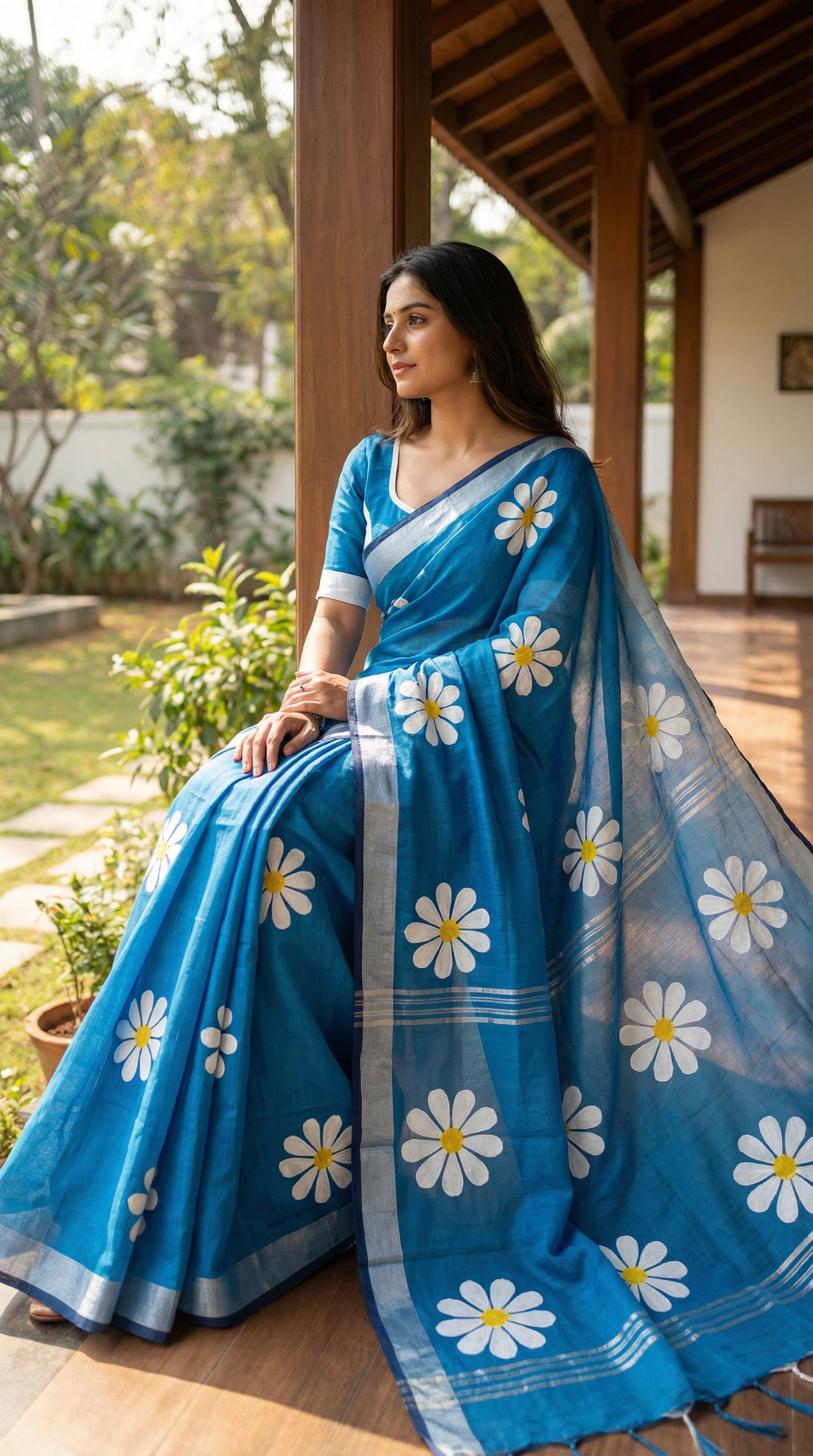 Woman wearing blue cotton saree with white and yellow sunflower motifs, hand-painted artisan saree for cultural occasions. Sitting on a veranda edge, feet down, pallu flowing beside; showcases length and fall without looking staged.