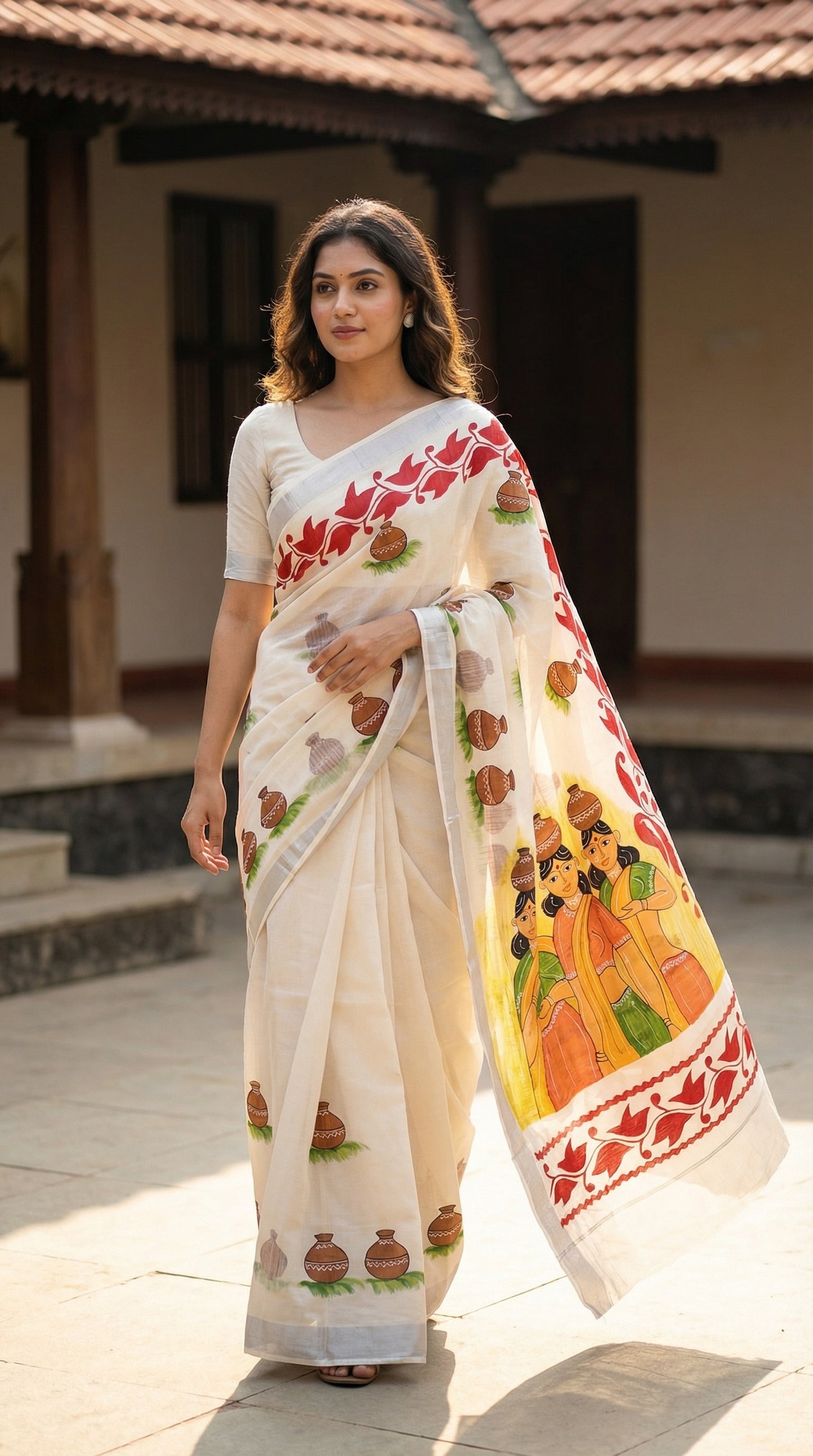 Woman wearing a white cotton saree with hand-painted design of three women in traditional attire and ritual pots, in an outdoor setting.