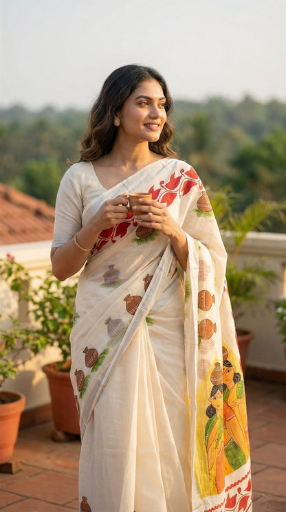 Woman in a white cotton saree with hand-painted design of three women in traditional attire and ritual pots, holding a cup on a rooftop.