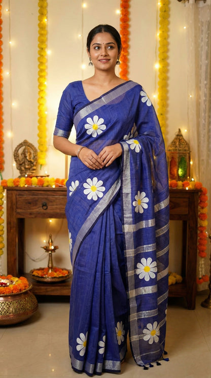 Woman wearing Navy cotton saree with hand-painted sunflower motifs and tassel border, breathable traditional Indian attire.