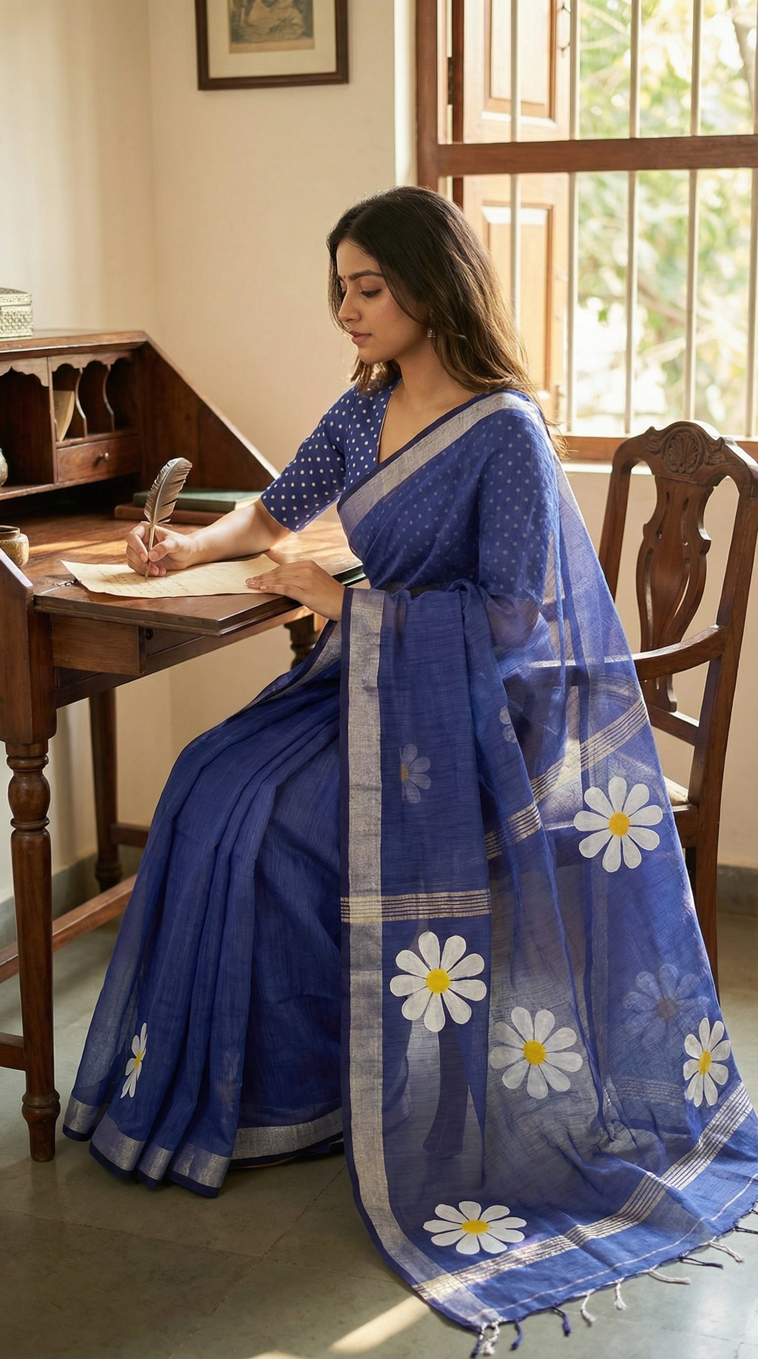 Woman wearing Navy cotton saree with hand-painted sunflower motifs and tassel border, breathable traditional Indian attire.