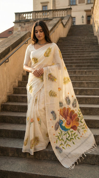 Woman in a white cotton saree with vibrant hand-painted peacock and floral motifs, standing on steps outdoors.