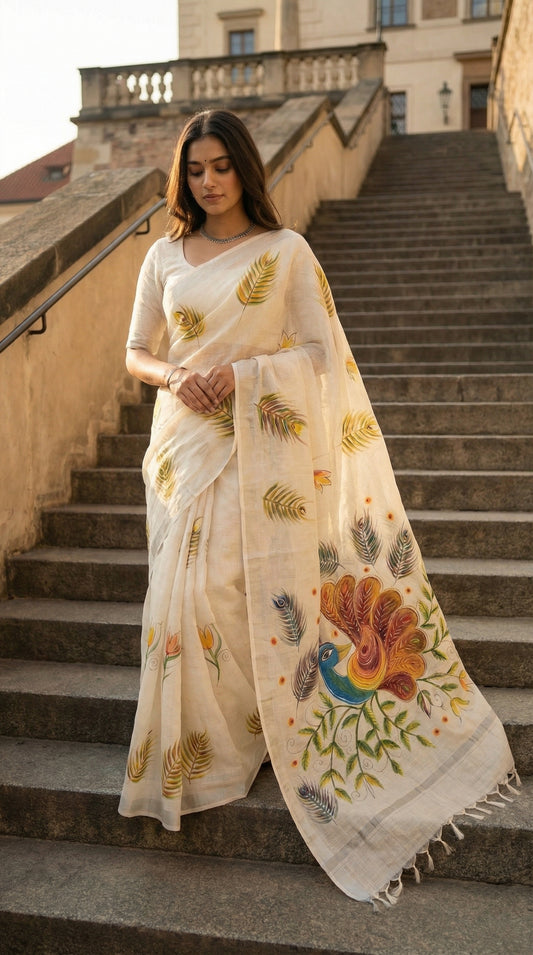 Woman in a white cotton saree with vibrant hand-painted peacock and floral motifs, standing on steps outdoors.