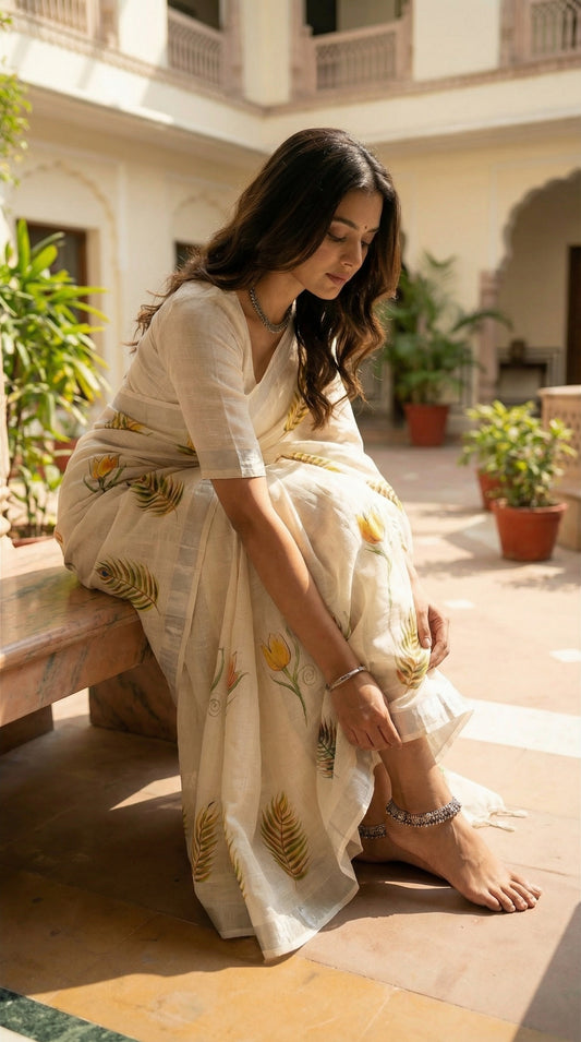 Woman in a white cotton saree with vibrant hand-painted peacock and floral motifs, sitting on a bench outdoors.