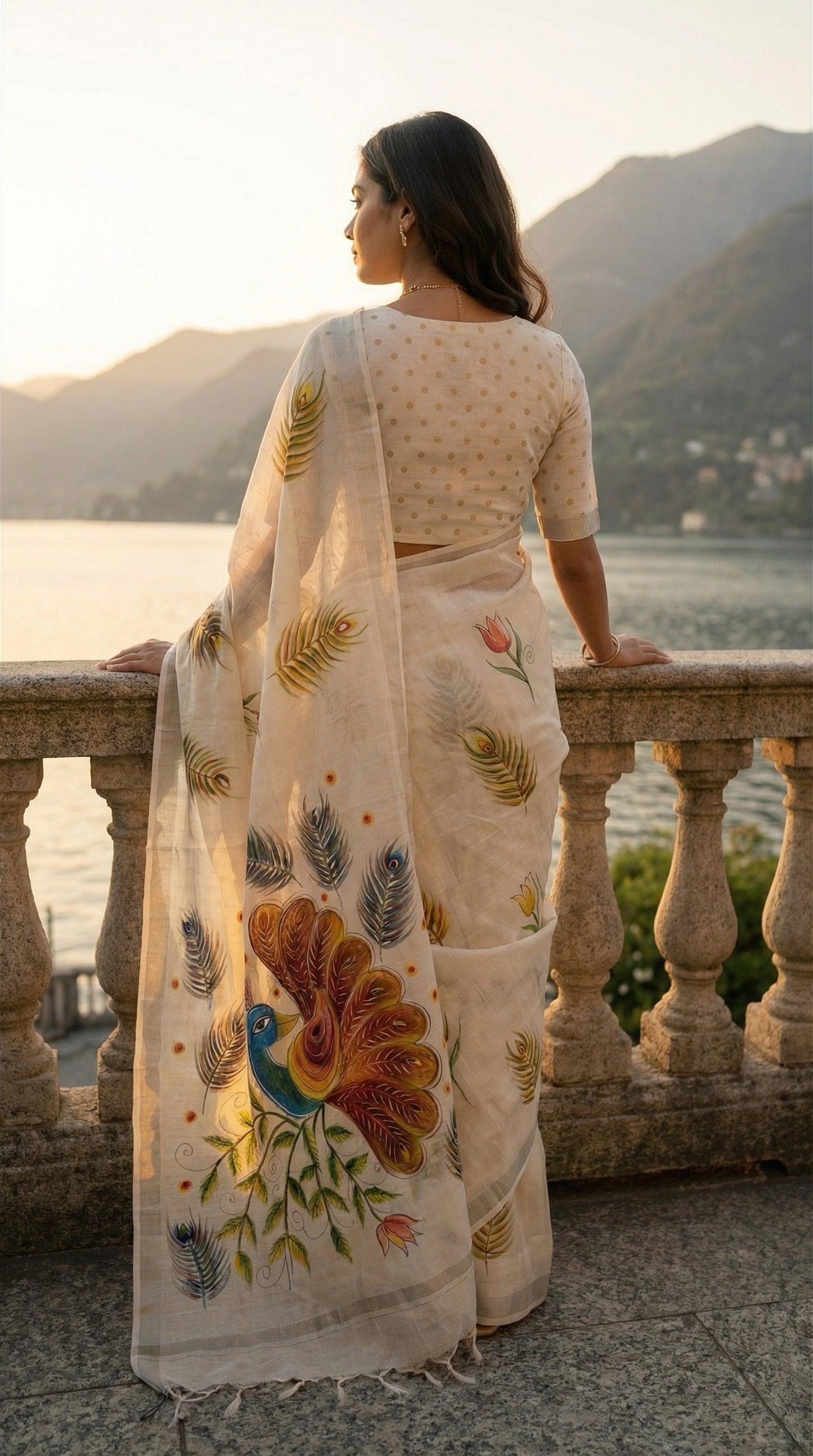 Woman in a white cotton saree with vibrant hand-painted peacock and floral motifs, by a lakeside with mountains in the background.