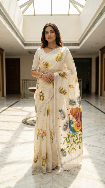 Woman wearing a white cotton saree with vibrant hand-painted peacock and floral motifs, in an indoor setting
