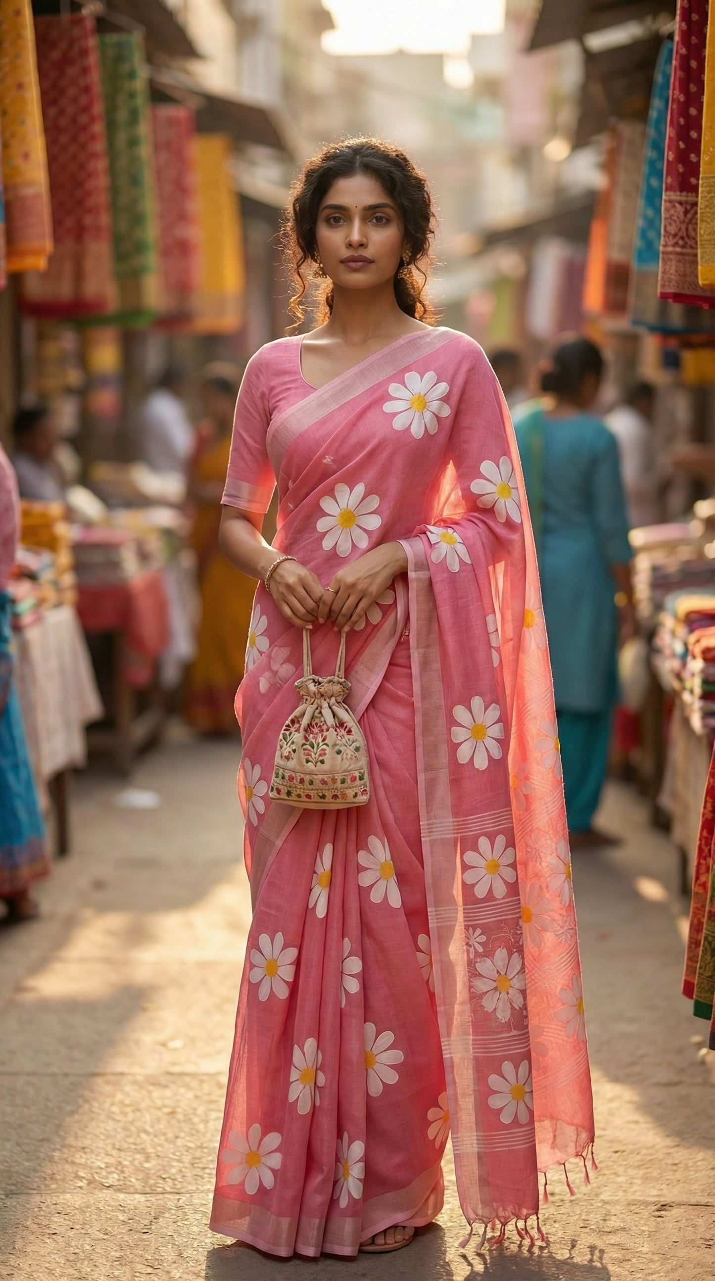 Woman wearing pink cotton saree with hand-painted sunflower artwork and silver border, standing in a colorful lane with background blurred, hands holding a small cloth potli; shows saree as everyday-luxe.