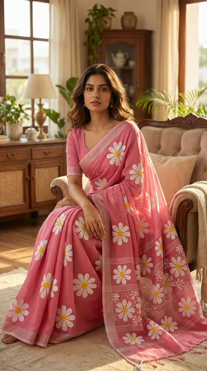 Woman wearing pink cotton saree with hand-painted sunflower artwork and silver border, sitting and leaning forward slightly to create a structured yet relaxed posture, often used to add a "mysterious charm", straight looking into the camera.