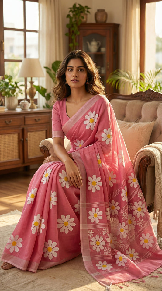 Woman wearing pink cotton saree with hand-painted sunflower artwork and silver border, sitting and leaning forward slightly to create a structured yet relaxed posture, often used to add a "mysterious charm", straight looking into the camera.